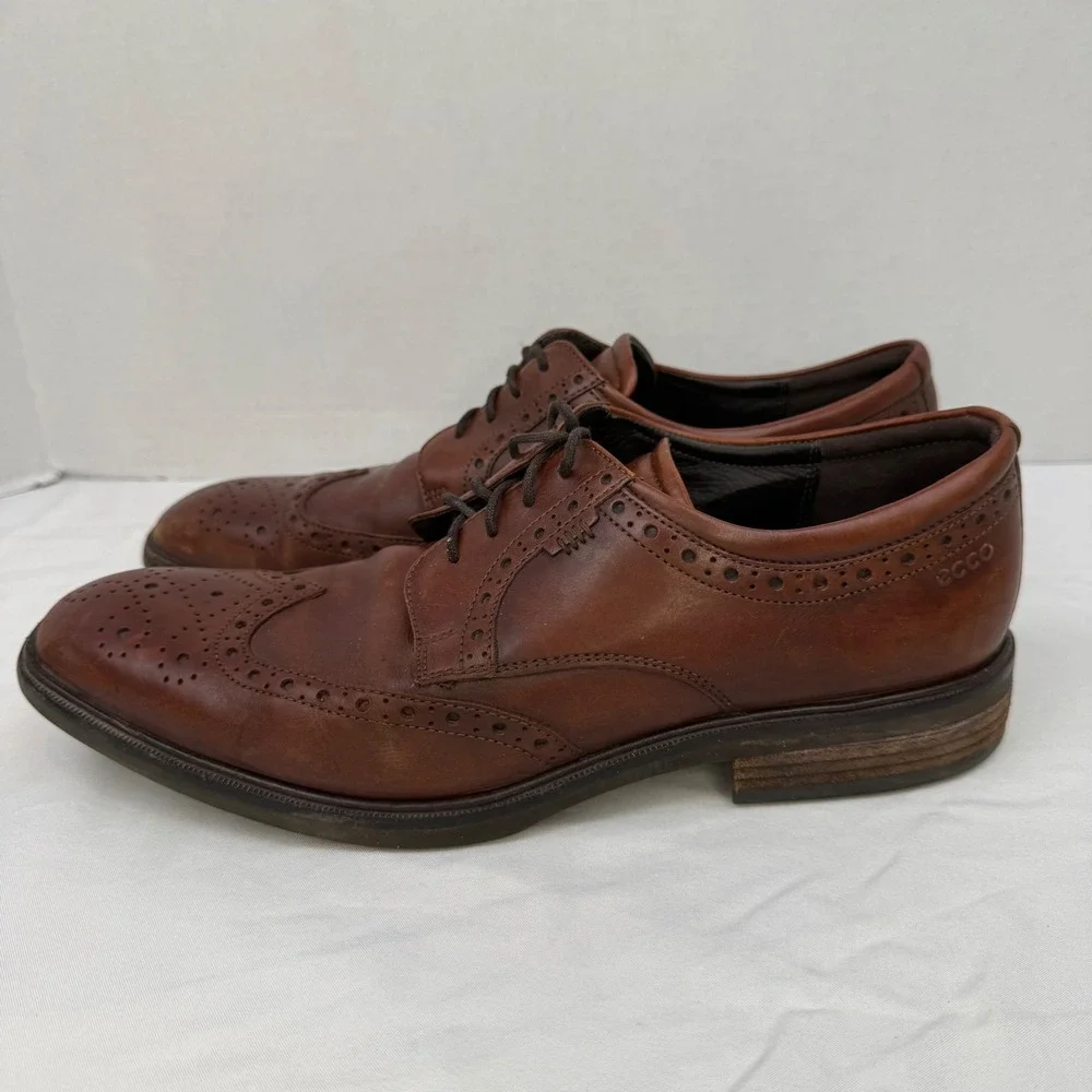 Ecco Mens Dublin Wingtip Oxford Cognac Brown Leather Brogue Dress Shoes Size 43